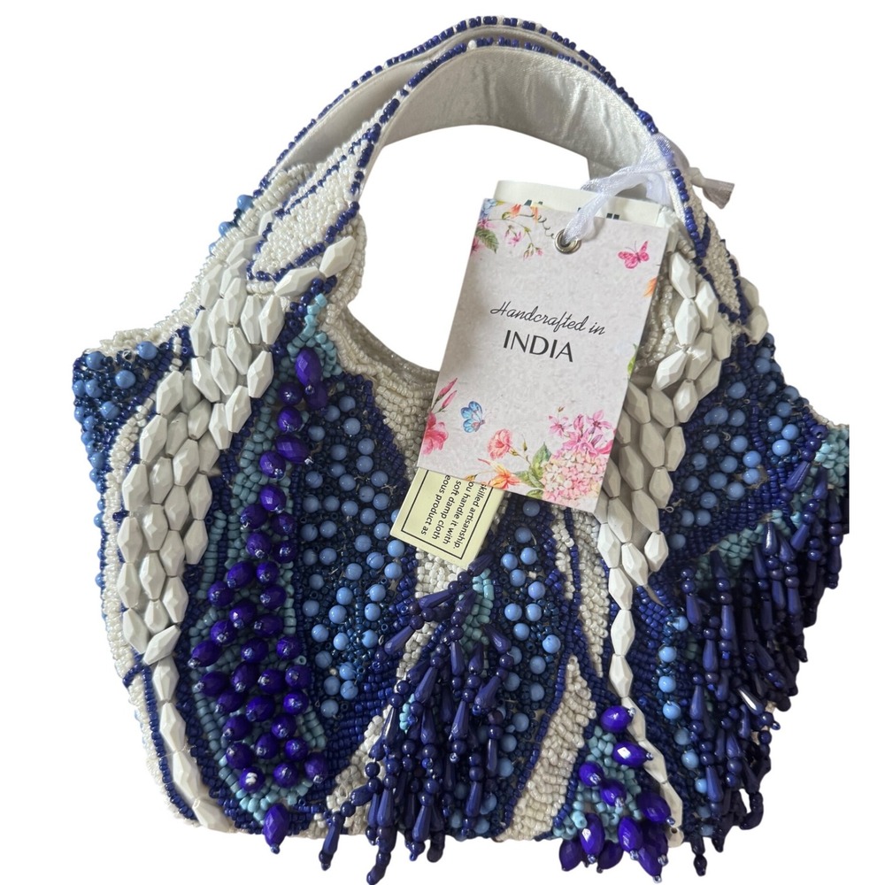 New Release Viral Handcrafted Blue White  Beaded Small Tote Bag NWT